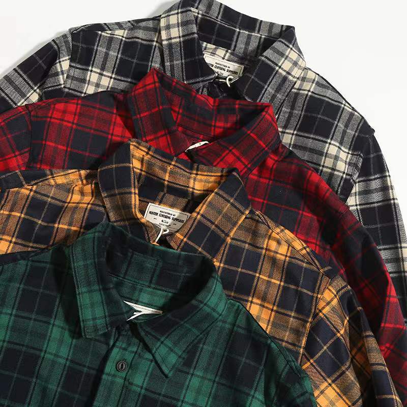 Heavy 300g American Retro Plaid Shirt Trendy Ami Kaji Thickened Double Pocket Workwear Long Sleeve Shirt Men