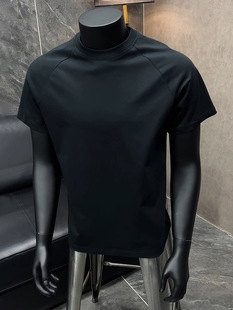 Pure black right shoulder Solona T-shirt for men in summer Xinjiang cotton short sleeves with elastic heavyweight American fitness half sleeves