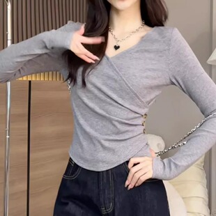 Plus Size Pure Color Long-Sleeved T-Shirt for Women 2025 New Autumn and Winter Inner Layering Shirt for Fat Girls to Cover the Flesh and Look Slim Right Shoulder Top