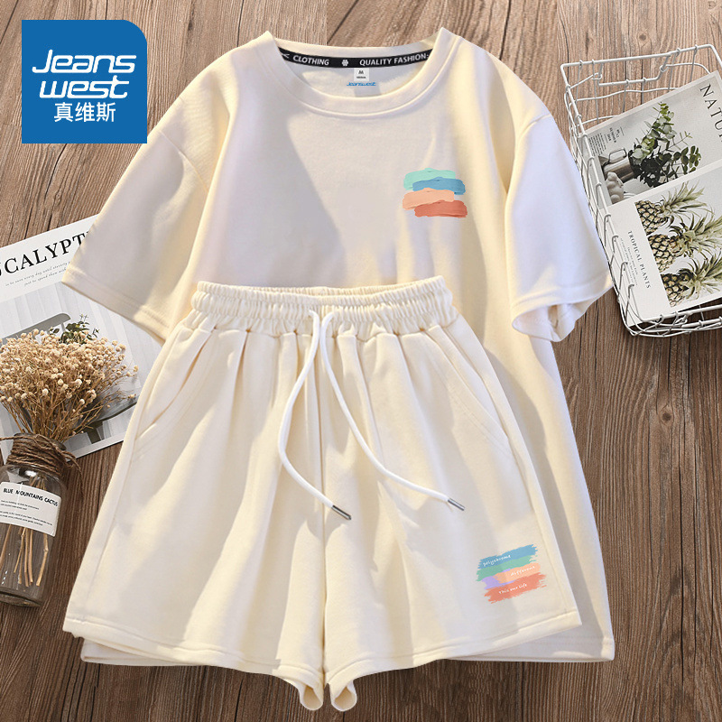 Sports Suit Women's Summer Thin Summer Suit 2025 New Small Cotton Short-Sleeved Shorts Two-Piece Set