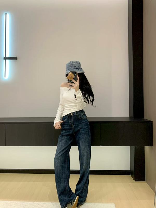 做旧复古蓝直筒牛仔裤女欧美辣妹高腰宽松显瘦高个子拖地阔腿裤潮|undefined
