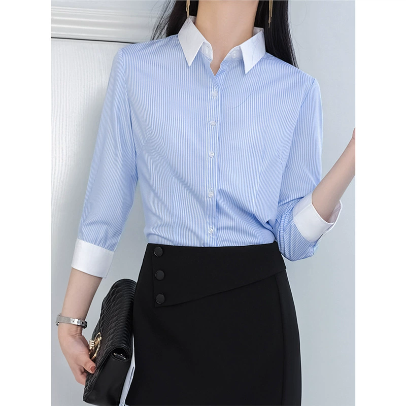 Синяя полосатая рубашка, женская летняя высококачественная рубашка с рукавом три четверти, профессиональная банкетная официальная рабочая одежда с белым воротником