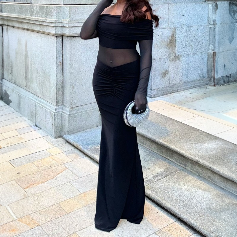 New Arrival Fashion Elegant Off Shoulder Long Sleeve Slim Fit Sheer Mesh Dress Women's Casual Party Evening Cocktail Dress_ecoleips.com