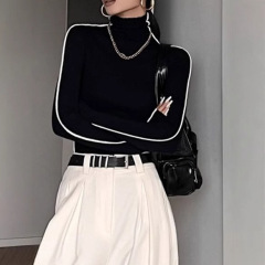 高级感黑色高领T恤衫女秋冬冷淡风撞色长袖修身显瘦内搭打底上衣