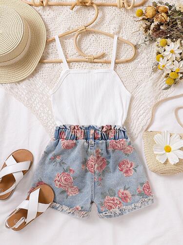 Cross-border Amazon cute girl one-piece jumpsuit with spaghetti straps and denim print set for wholesale, dropshipping one unit