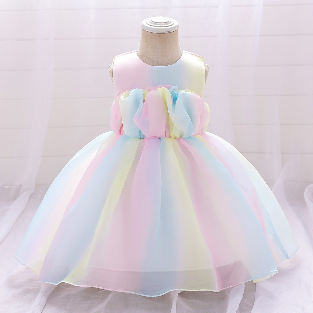 歐美外貿兒童禮服裙蓬蓬公主裙女童無袖背心彩虹網紗連衣裙子