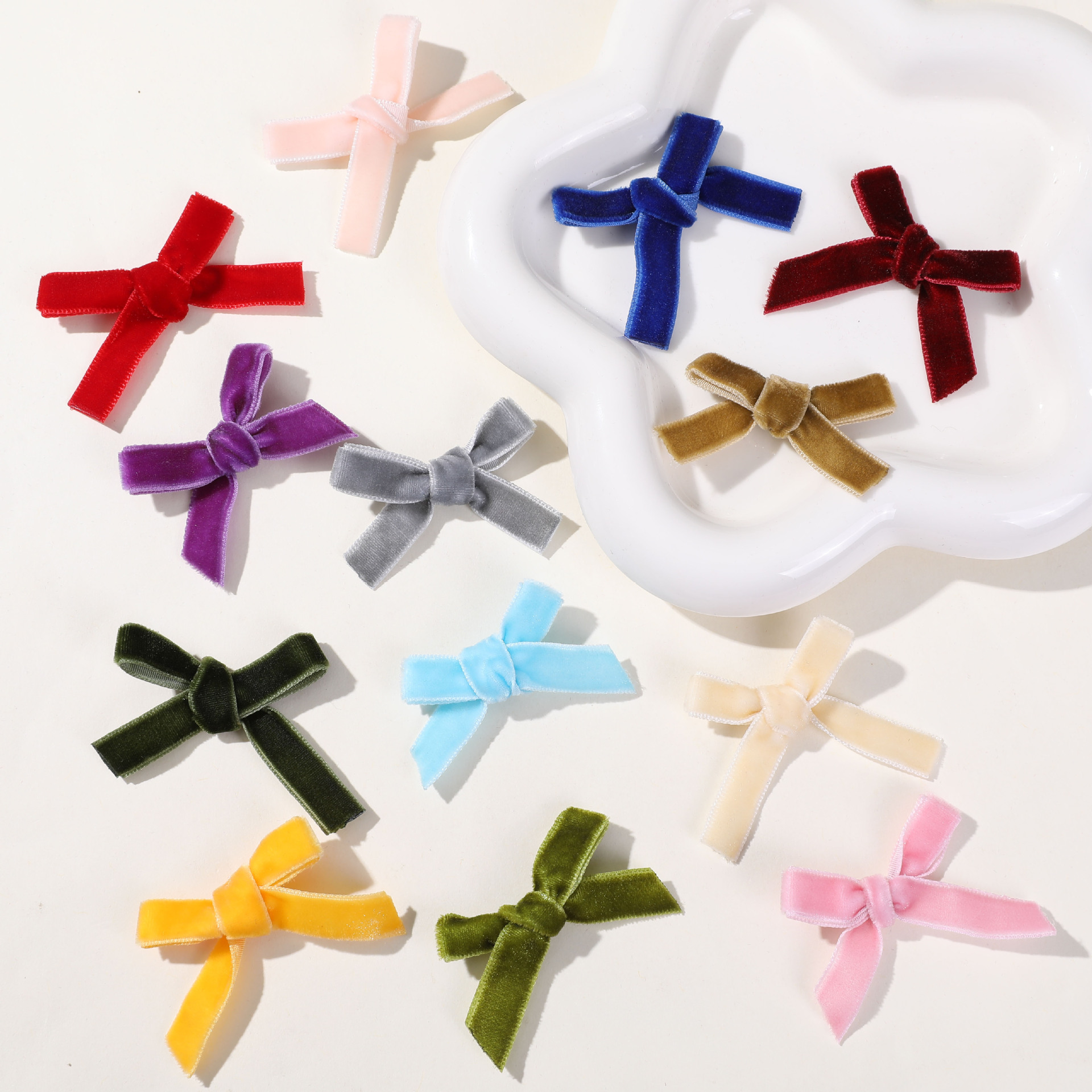 韓版彩色毛絨絲絨絲帶蝴蝶結領結diy對夾髮夾髮飾女配件材料批發