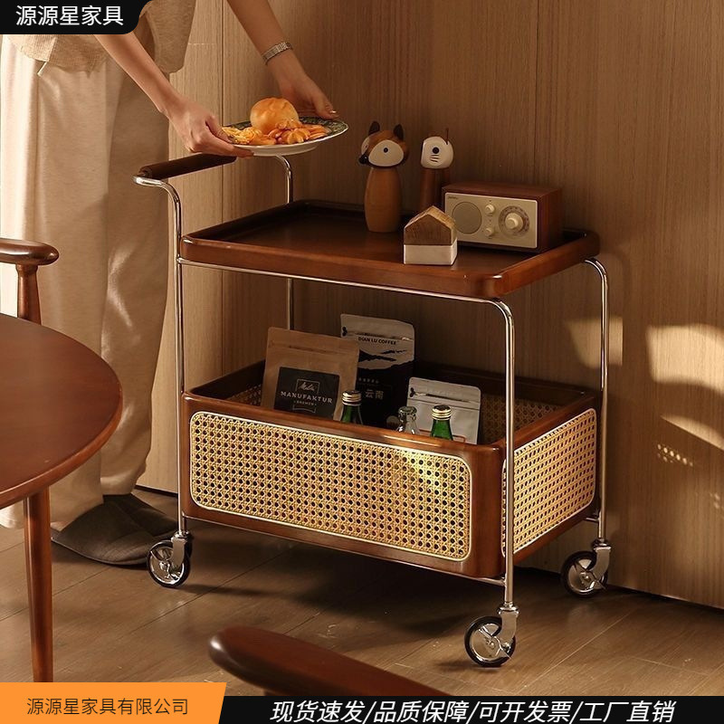 Solid wood movable side table with wheels, stainless steel storage, vintage small cart, living room storage, rattan woven shelf, simple coffee table Solid wood movable side table with wheels, stainless steel storage, vintage small cart, living room storage, rattan woven shelf, simple coffee table
