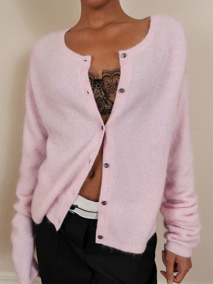 Áo cardigan len nữ cổ tròn dáng rộng cài khuy một hàng, dài tay, phong cách thanh lịch — Màu trắng, Xanh bạc hà, màu xám chi tiết 11