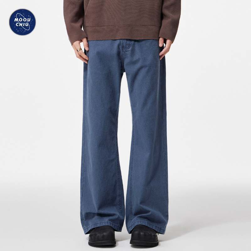 Muqiu Men's Clothing | American High Street Cleanfit Slightly Flared French Work Blue Jeans Men's Loose Casual Straight-Leg Pants