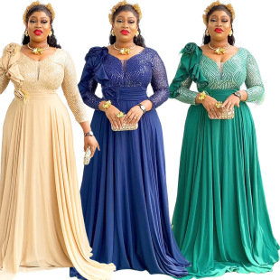 Amazon Aliexpress Cross-Border Foreign Trade African Women's Large Size Sequin Dress Long Skirt Chiffon Flower Dress