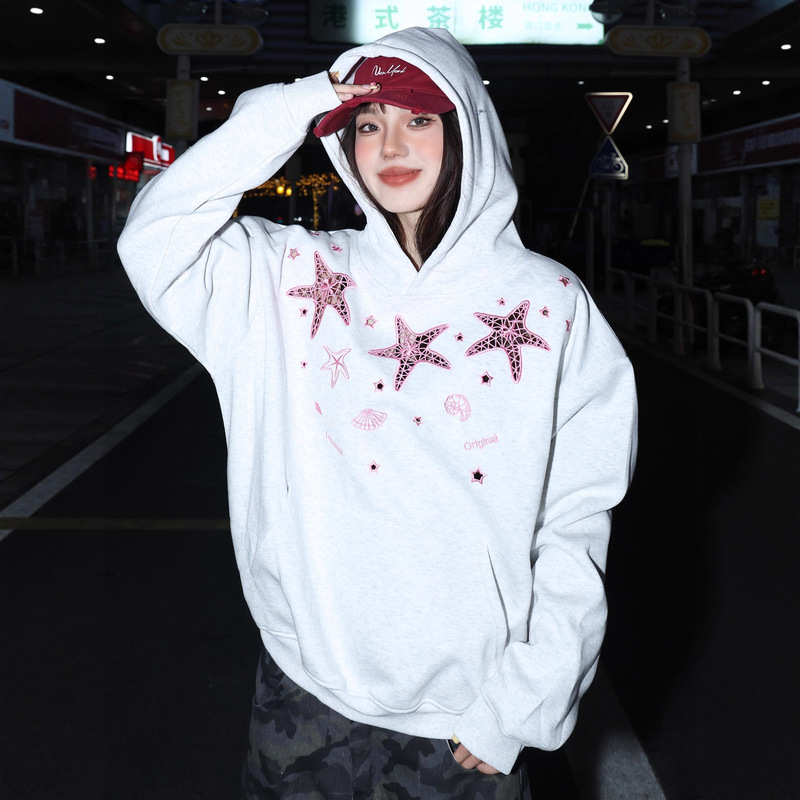 美式高街男女款高级感潮流星星镂空刺绣设计男式宽松连帽卫衣外套|undefined