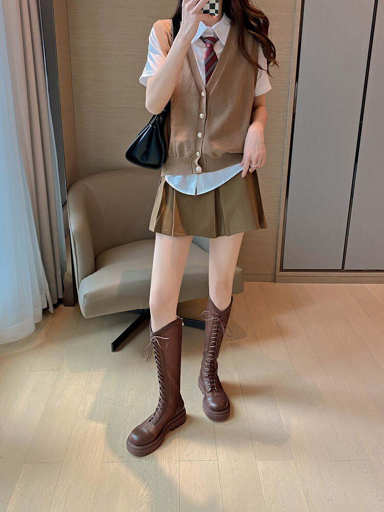 Boot lưới da thật cổ cao đế dày thoáng khí mùa xuân hè phong cách kỵ sĩ buộc dây — Màu nâu ống lớn, Màu đen cổ ống lớn, Ống nhỏ màu đen, Ống nhỏ màu be chi tiết 11