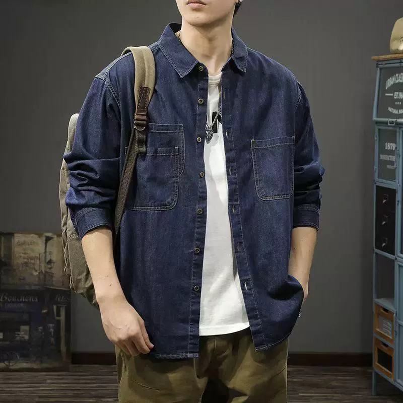 Джинсовая рубашка в американском стиле ретро с лацканами, мужская модная брендовая свободная повседневная рабочая рубашка с длинными рукавами, мужская весенне-осенняя куртка