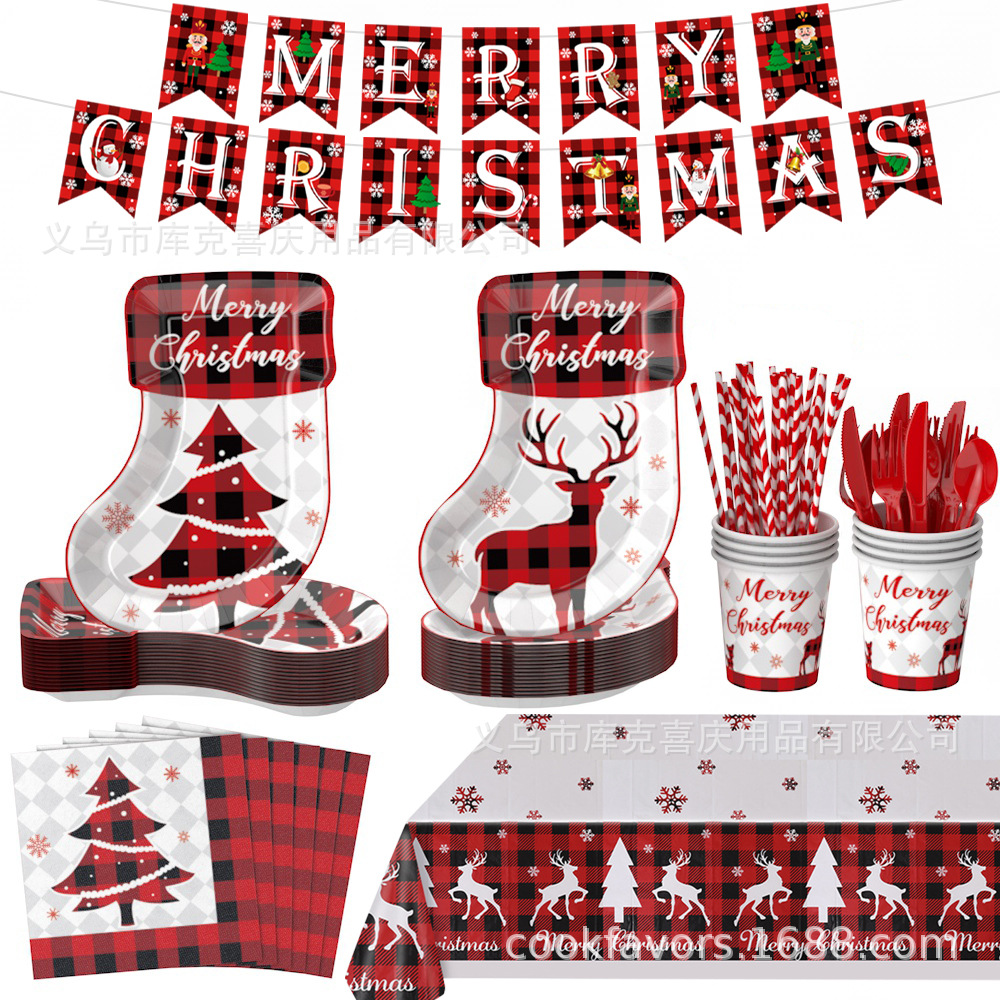 Nuevos tipos de medias de Navidad de forma alienígena platos de papel set de vajilla de Navidad vasos de papel desechables toallas de papel dibujo de bandera decoración de fiesta