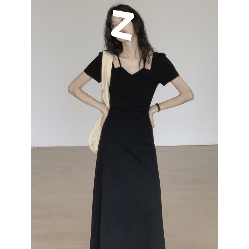 黑色挂脖裙子2025女夏季新款收腰显瘦裙气质连衣裙长款厂家直销|undefined