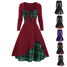 2023秋冬外贸欧美亚马逊女装长袖撞色拼接双排扣大摆连衣裙跨境