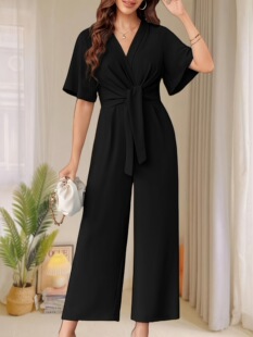 F 11659 V-neck Short Sleeve Jumpsuit ���s�B�wѝ �W���L��羳