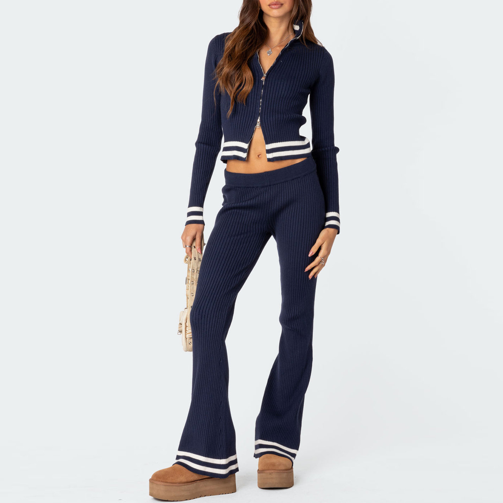 Damer Casual och mångsidig stand-up krage slim-fit topp + byxor casual tröja i två delar_voghion.com