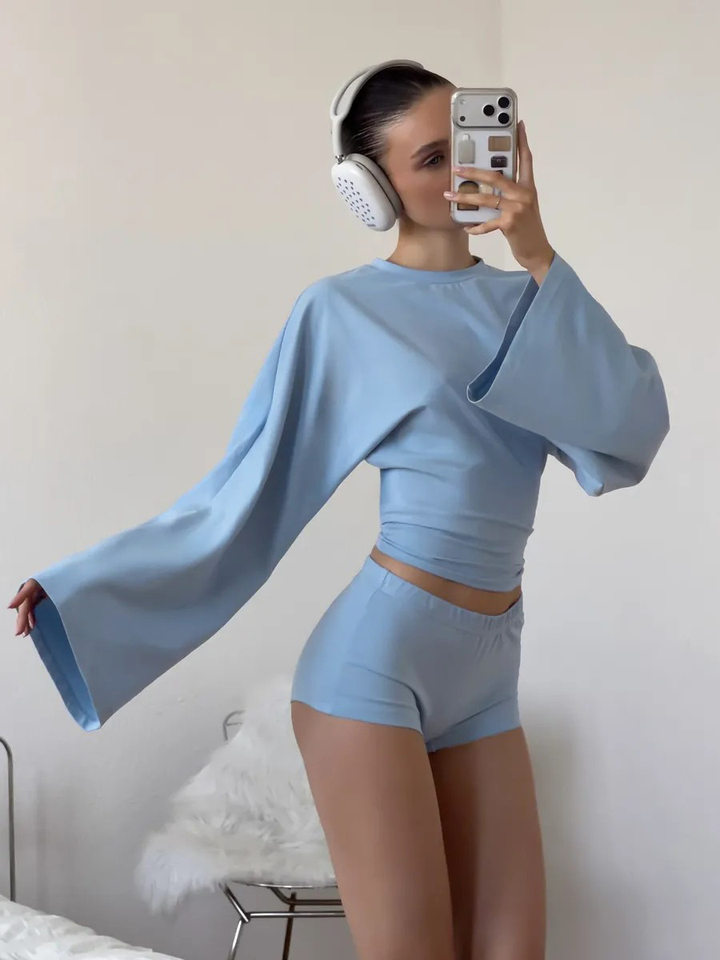Áo thun nữ dệt kim dài tay cánh dơi dáng ngắn chiết eo xếp ly phong cách công sở — Màu hồng, Màu kaki, Màu trắng, Xanh tím than chi tiết 55
