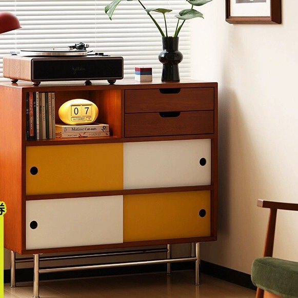 Scandinavian Solid Wood Sideboard Home Living Room Color Matching Sliding Door Storage Cabinet Small Apartment Second-Hand Storage Entrance Cabinet