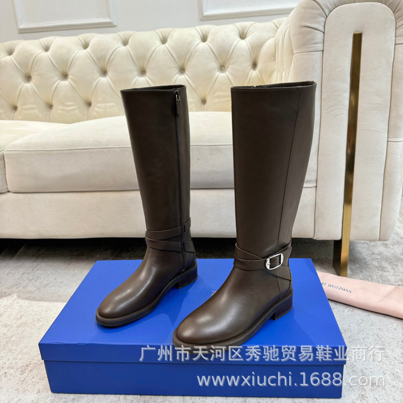 高版2025S.W新品低跟粗跟长靴高筒靴欧版真皮骑士靴女靴增高瘦瘦|undefined