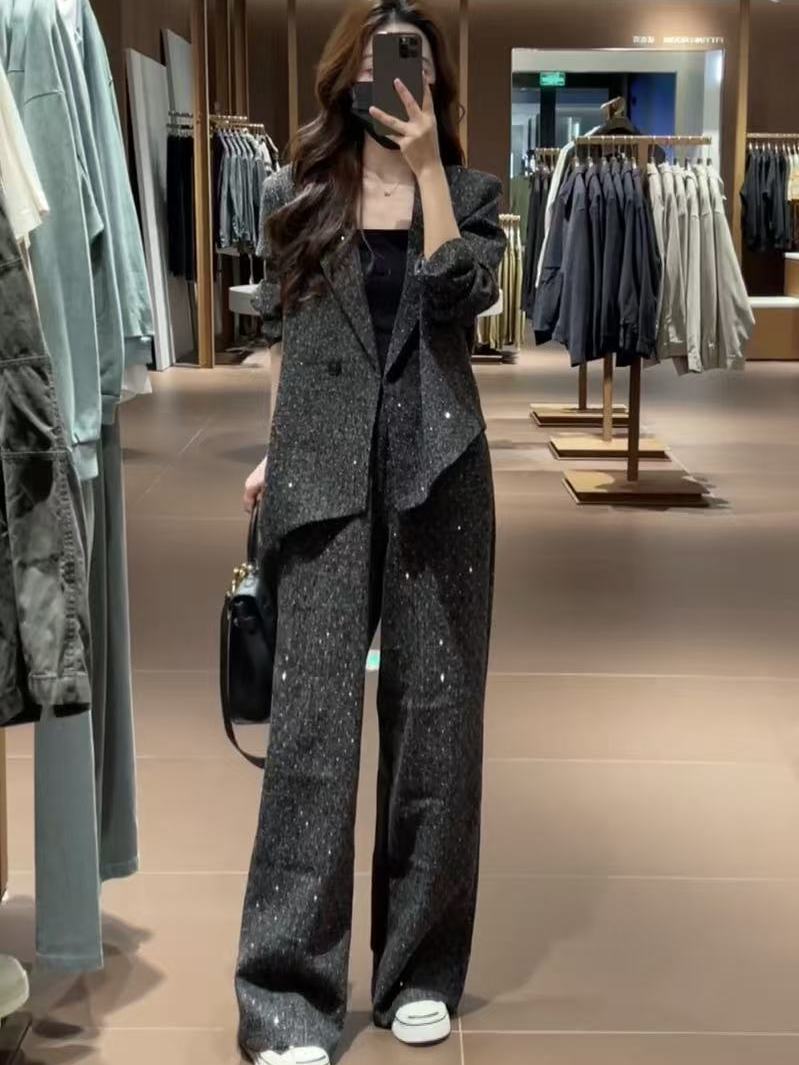 GraceChic Autumn New Style Irregular Shiny Blazer Jacket For Women With High Waist Wide Leg Pants Two-Piece Set_voghion.com