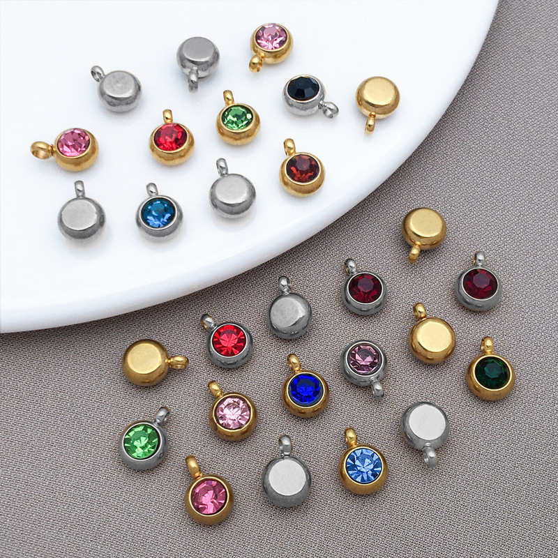 Stainless Steel High Color-Retention Vertical Hole Diamond-Encrusted Twelve Birthstone Round Pendant DIY Bracelet Necklace Jewelry Accessories Stainless Steel High Color-Retention Vertical Hole Diamond-Encrusted Twelve Birthstone Round Pendant DIY Bracelet Necklace Jewelry Accessories