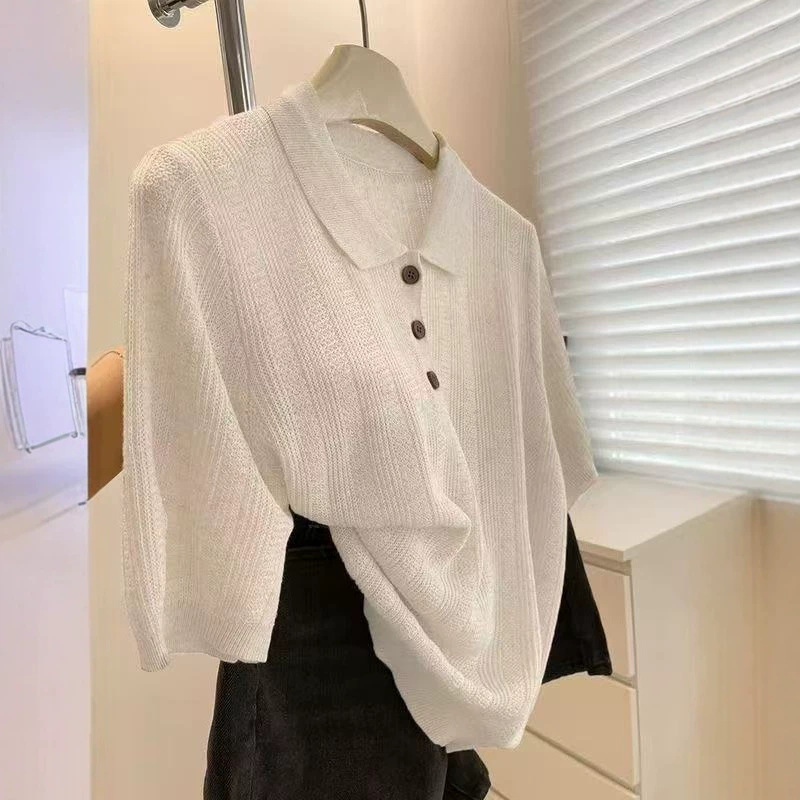 Áo thun polo nữ tay ngắn cổ bẻ phối khuy, chất liệu sợi mát mịn — Xanh navy chi tiết 1