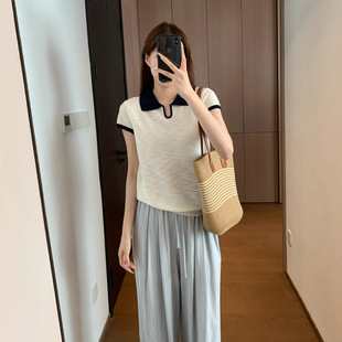 Relaxed, Casual, Refreshing, Breathable, Not Tight, Slightly Loose, Contrasting Color Open Polo Collar Knitted Short-Sleeved Summer Style W06016Y