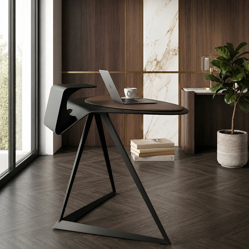 Modern Minimalist Irregular-Shaped Computer Desk for Home Use, Suitable for Small Bedrooms, with a Light Luxury Saddle Leather Desktop for Office and Study