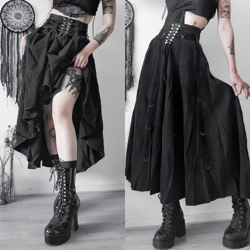 Xs24205 New Summer Style Gothic Subculture Lace-Up Metal Ring Large A-Line Dark High-Waisted Slim-Fit Long Skirt