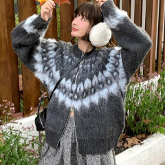 复古仿貂毛提花费尔岛毛衣外套女秋冬宽松慵懒风双拉链针织开衫潮