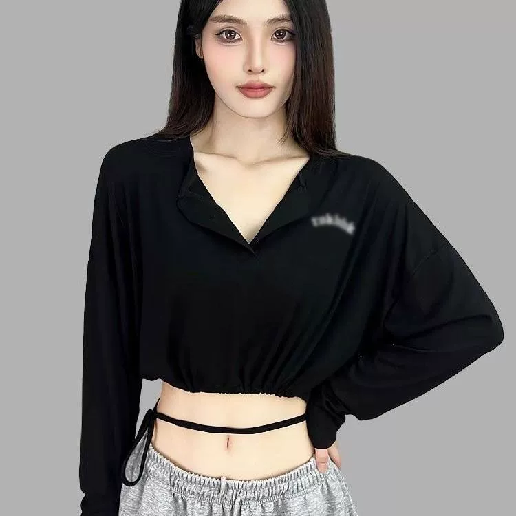 Футболка хип-хоп прилив топ женский осенний джаз танцует короткая ленивая блузка kpop пряная девушка мягкая дышащая с длинными рукавами