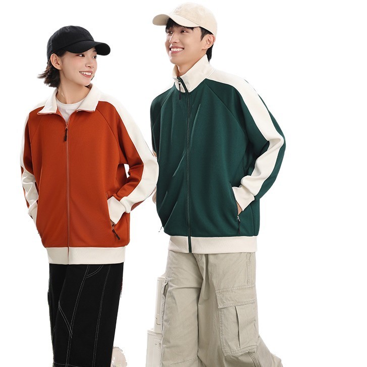 春秋双拉链美式复古重磅撞色外套班服潮牌运动会开衫立领卫衣定制|undefined