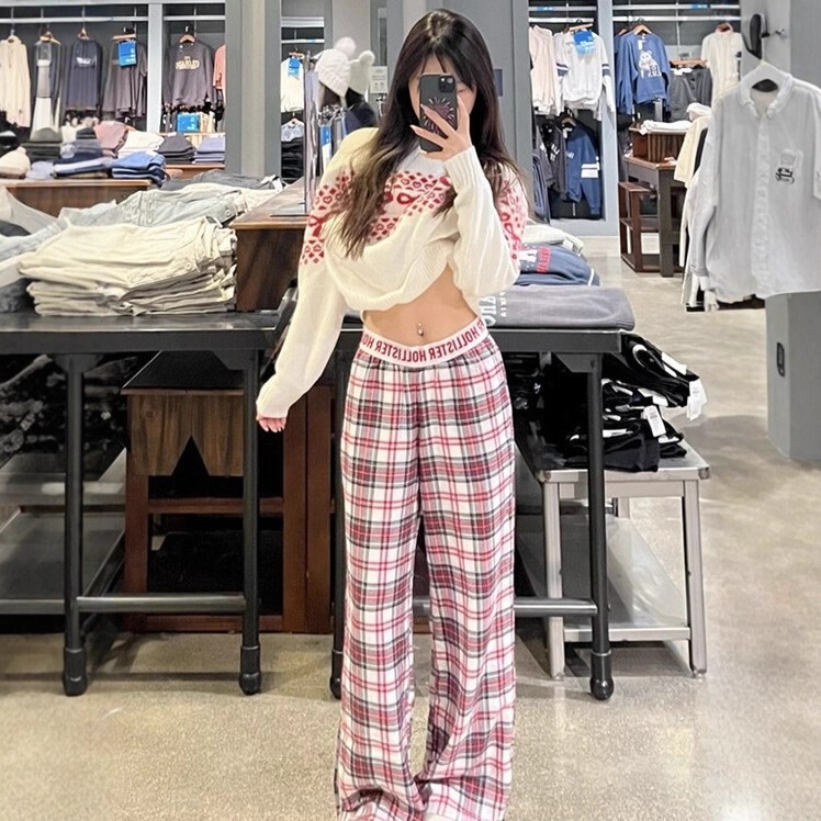 Trendy Brand Hollister American Retro Style Small Seagull Plaid Letter Tape Casual Versatile Pajama Pants Plaid Long Pants Trendy Brand Hollister American Retro Style Small Seagull Plaid Letter Tape Casual Versatile Pajama Pants Plaid Long Pants