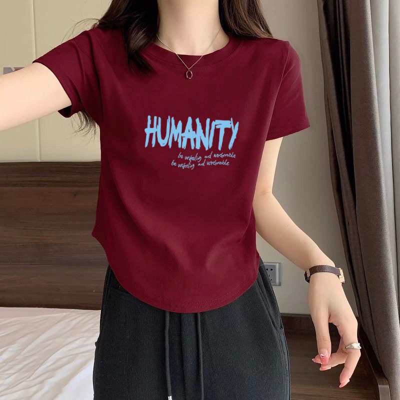 Pure Cotton T-shirt Women's Summer New Arrival Curved Irregular Slim-fit Slimming Spice Girls Tight Waist Shoulder Short Top Pure Cotton T-shirt Women's Summer New Arrival Curved Irregular Slim-fit Slimming Spice Girls Tight Waist Shoulder Short Top