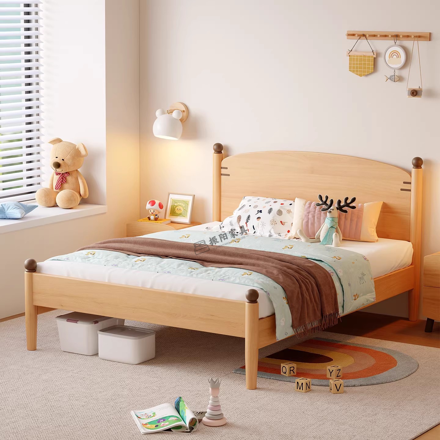 Solid Wood Children's Bed Modern Minimalist Style for Boys and Girls Beech Wood Bed for Teenagers Small Apartment Bedroom Natural Wood Single Bed