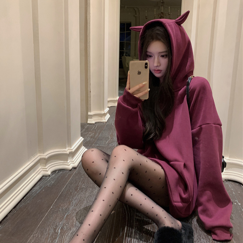 Festive Atmosphere Little Devil Hooded Sweatshirt for Women Korean Style Lazy Style Loose Mid-Length Style Covering Buttocks 6478