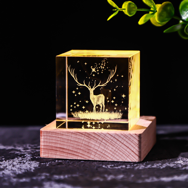 Cubo de cristal decoración interruptor de luz cálida base de madera talla interior Luna Sistema Solar Galaxy decoración de escritorio regalo de niña