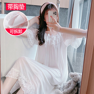 New Fairy Style Nightgown, Palace Princess Style Pajamas, Summer Short-sleeved Korean Sexy Lace Nightgown with Breast Pads