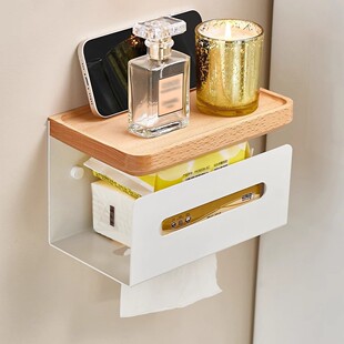 No-Drill Bathroom Tissue Box, Bathroom Toilet Hanging Roll Paper Holder, Toilet Paper Holder, Phone Storage Rack, Natural Wood Style