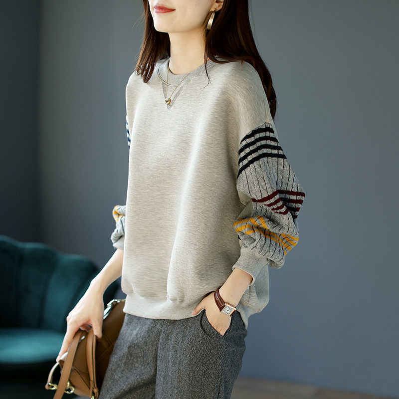 Round Neck Sweatshirt for Women 2025 Autumn and Winter New Style Knitted Splicing Loose Lazy Style Pullover Elegant Casual Top