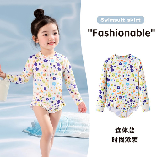 New children's swimsuit, female fungus lace, small fresh floral, long sleeves, belly-covering, conservative one-piece girl and baby swimsuit
