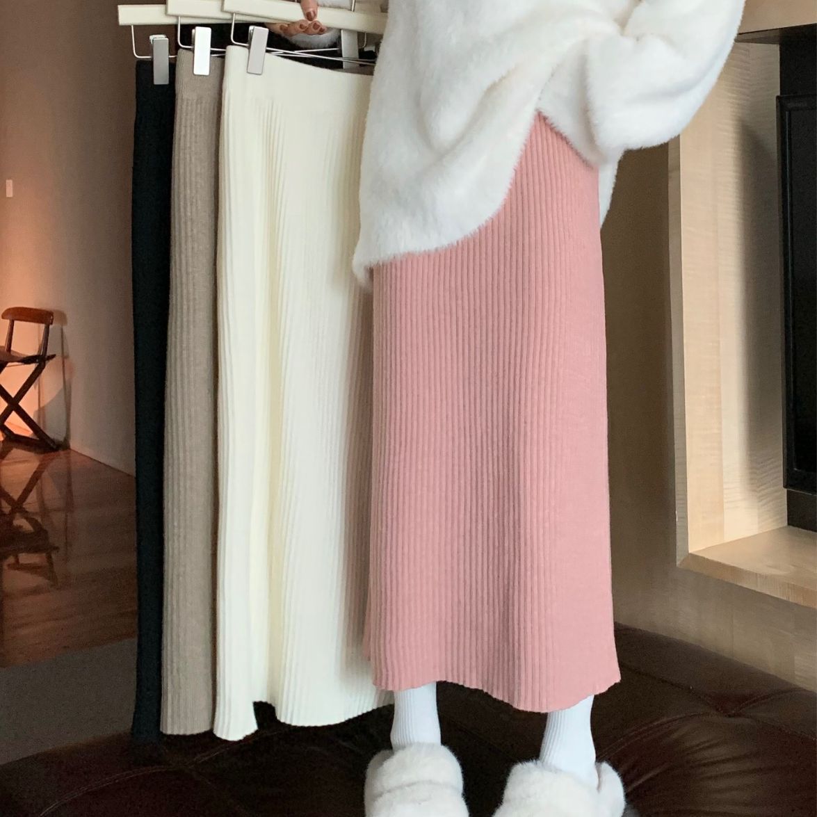 针织半身裙女新款秋冬中长款显瘦包臀一步裙松紧带高腰直筒A字裙