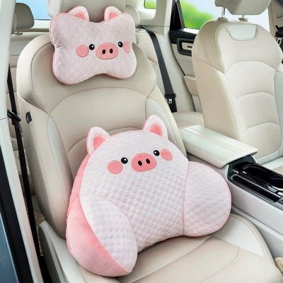 Cute ice peas summer car headrest neck protection car seat pillow cartoon car waist pillow car products (Headrest) - little-pink-pig-headrest-lumbar-support-1-set