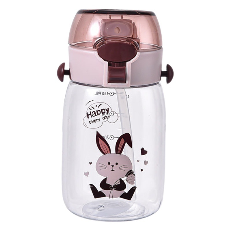 Botellas de agua para niños populares y cuidadosamente seleccionadas, nuevas tazas de plástico con dibujos animados, botellas de agua al por mayor, tazas con pajita y correa simple.