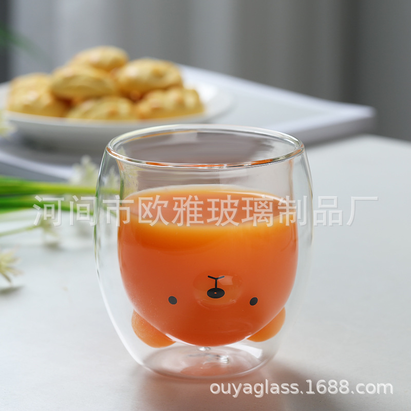 Vidrio de dibujos animados marca leche jugo oso doble capa taza de café borosilicato colorido lindo hogar taza de té