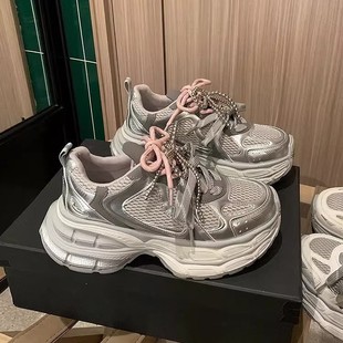 European Soft Leather Thick-Soled Dad Shoes for Women 2025 Spring New Versatile Small Heightening Breathable Mesh Casual Shoes