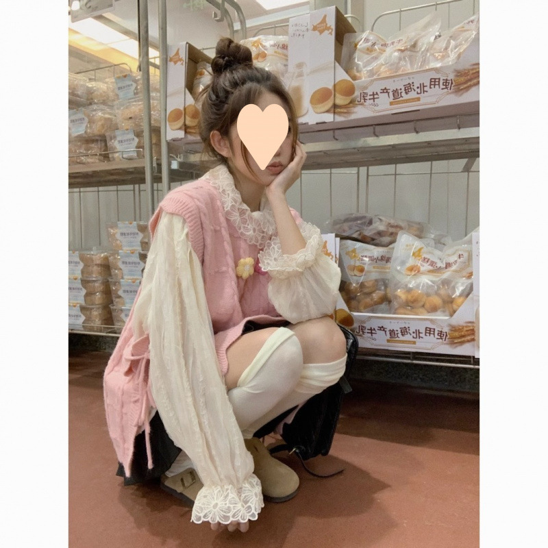 春秋新款女裝套裝甜美學院風針織馬甲背心內搭長袖襯衫上衣兩件套